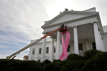 Workers hoist a pink ribbon in honor of breast cancer awareness on the front of the White House in Washington