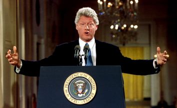 US President Bill Clinton addresses journalists April 23 during a White House East Room press confer..