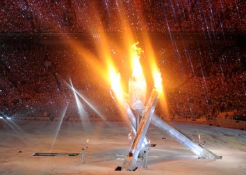 The Olympic flame burns during the opening ceremony of the Vancouver 2010 Winter Olympics