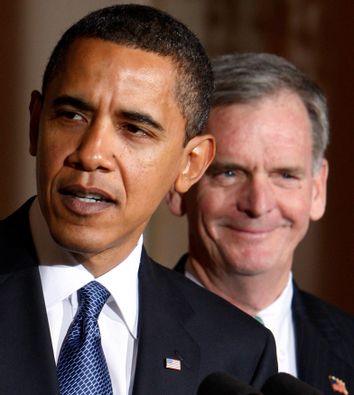 U.S. President Barack Obama announces his nominee for Commerce Secretary Sen. Judd Gregg (R-NH) in the Grand Foyer of the White House in Washington