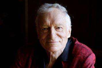 Playboy magazine founder Hugh Hefner poses for a portrait at his Playboy mansion in Los Angeles