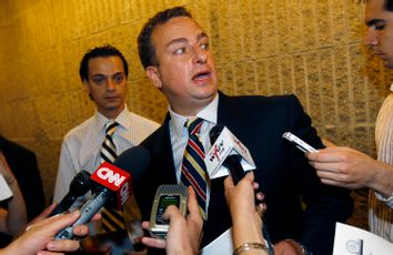 Sharif El-Gamal, owner of 45 Park Place, a building in lower Manhattan, speaks to members of the press in New York