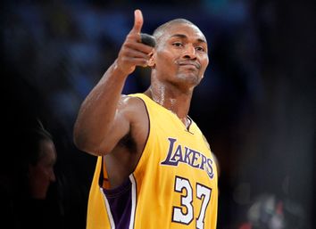 Los Angeles Lakers Ron Artest gives the thumbs up after the Lakers defeated the Boston Celtics in Game 1 of the 2010 NBA Finals basketball series in Los Angeles.