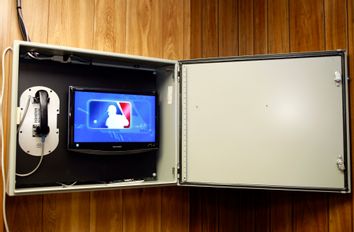 A picture of the instant replay box before the game between the Phillies and Cubs in Chicago