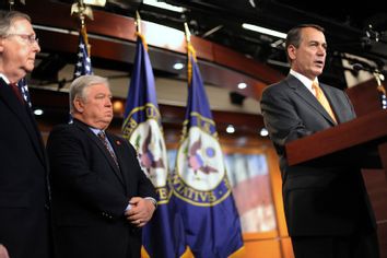 Boehner, McConnell and Barbour address reporters at a news conference after sweeping Republican gains in midterm elections, at the U.S. Capitol in Washington