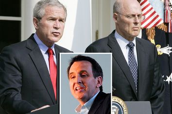 US President Bush talks next to Secretary of Treasury nominee Paulson in Rose Garden