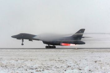 US Air Force handout photo of a B-1B bomber taking off for Libya