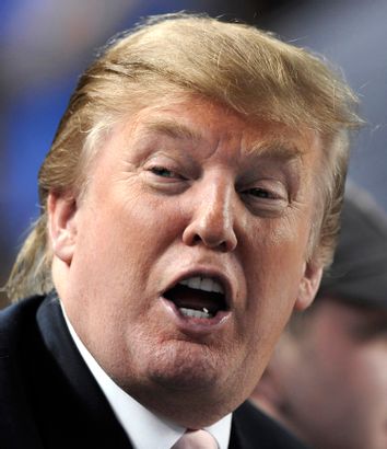 Businessman Trump talks with freind as they watch the New York Yankees play the Minnesota Twins in New York