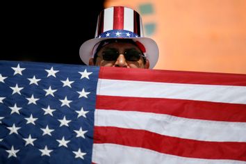 A U.S. fan shows his spirit during their CONCACAF Gold Cup final soccer match between the USA and Mexico in East Rutherford, New Jersey