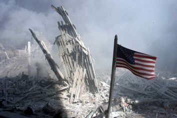 Am American flag flies near the base of the destroyed World Trade Center in New York, September 11, ..