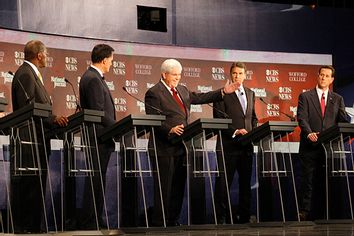 Republican presidential candidates Herman Cain, Mitt Romney, Newt Gingrich, Rick Perry, and Rick Santorum