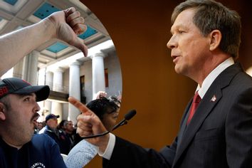 Union supporters react to a speech by Gov. John Kasich (right)