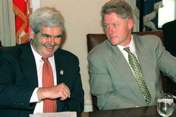 President Clinton listens to House Speaker Newt Gingrich of Ga. during a meeting in the White House Cabinet Room Tuesday, Sept. 12, 1995