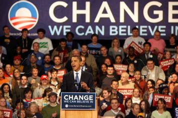 Democratic presidential hopeful, Sen. Barack Obama D-Ill., celebrates with his supporters after his victory in the Iowa caucus Thursday, Jan. 3, 2008, in Des Moines, Iowa.