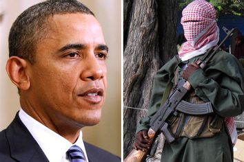 President Barack Obama. Right: A Somali al-Shabab fighter stands guard