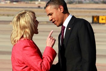 Arizona Gov. Jan Brewer points during an intense conversation with President Barack Obama after he arrived at Phoenix-Mesa Gateway Airport, Wednesday, Jan. 25, 2012, in Mesa, Ariz.