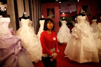 Wedding dresses at the China International Wedding Expo in Shanghai