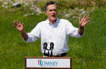 Republican presidential candidate and former Massachusetts Governor Romney speaks to supporters in front of Sawyer Bridge during campaign event in Hillsborough