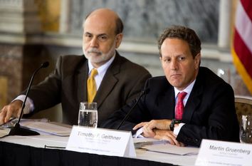 Timothy F. Geithner, U.S. treasury secretary, and Ben S. Bernanke, chairman of the U.S. Federal Reserve, attend a meeting of the Financial Stability Oversight Council in Washington