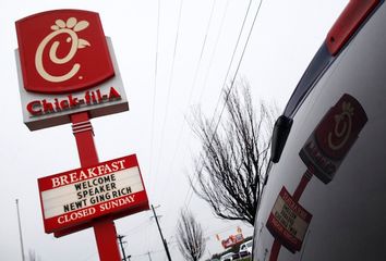A sign is seen before Republican presidential candidate and former House Speaker Newt Gingrich visits a Chick-fil-A in Anderson
