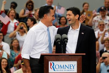 Republican U.S. Presidential candidate Romney introduces U.S. Congressman Ryan as his vice-presidential running mate during a campaign event at the retired battleship USS Wisconsin in Norfolk