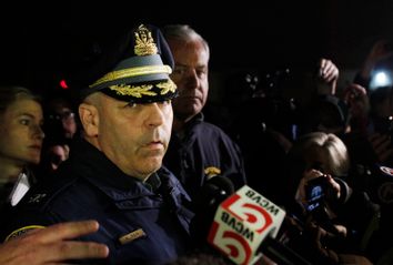 Superintendent and Colonel of the Massachusetts State Police Timothy P. Alben speaks to reporters about the status of the two suspects in the Boston Marathon bombings in Watertown