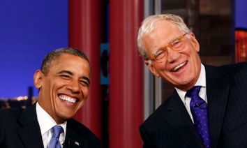 Seated with talk show host David Letterman, U.S. President Barack Obama makes an appearance on the 