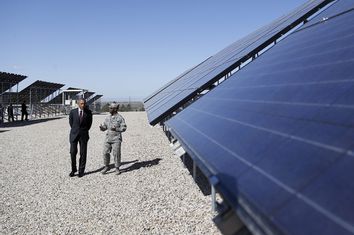 Obama takes a tour of a solar power array before delivering remarks on clean energy at Hill Air Force Base, Utah
