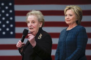 Former U.S. Secretary of State Madeleine Albright introduces Democratic U.S. presidential candidate Hillary Clinton during a campaign stop in Concord, New Hampshire