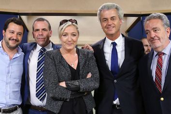 Salvini of Italy's Lega Nord party, Vilimsky of Austria's Freedom Party,  Le Pen of France's National Front political party, Wilders of Dutch Freedom Party and Annemans of Belgian Vlaams Belang party pose in Brussels