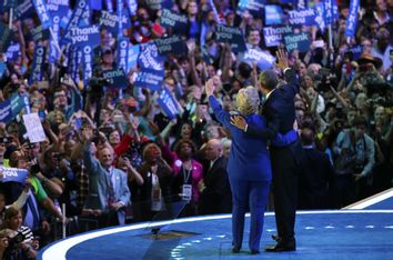 U.S. President Barack Obama is joined by Democratic Nominee for President Hillary Clinton on stage at the Democratic National Convention in Philadelphia