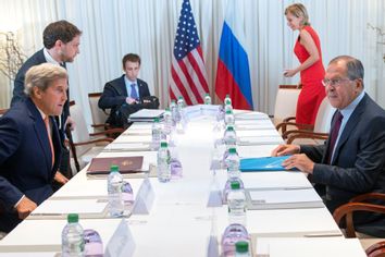 U.S. Secretary of State Kerry and Russian Foreign Minister Lavrov during a bilateral meeting focused on the Syrian crisis in Geneva