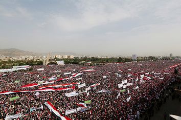 People rally to show support to a political council formed by the Houthi movement and the General People's Congress party to unilaterally rule Yemen by both groups in the capital Sanaa