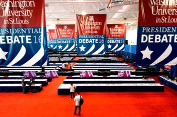 The media workroom is prepared for the second 2016 U.S. presidential debate at Washington University in St. Louis