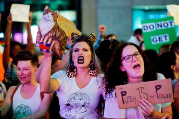 Women protest against Republican presidential nominee Donald Trump and the GOP in front of Trump Tower in Manhattan