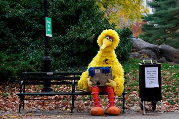 A man dressed as the Sesame Street character Big Bird sits on a bench waiting to take pictures with people walking through Central Park  in New York