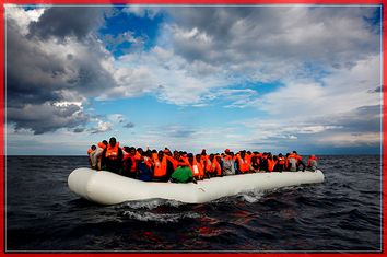 An overcrowded raft drifts out of control in the central Mediterranean Sea