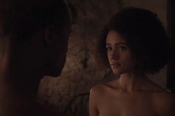Jacob Anderson as Grey Worm and Nathalie Emmanuel as Missandei in 