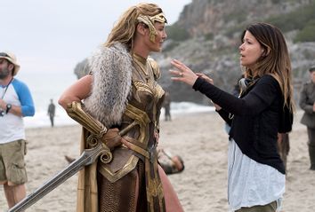 Connie Nielsen and director Patty Jenkins on the set of 