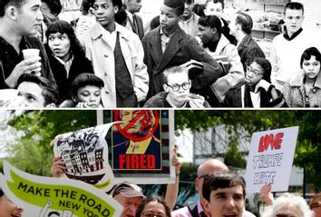 Lunch counter sit in protest, 1960; Anti Trump protest, 2018