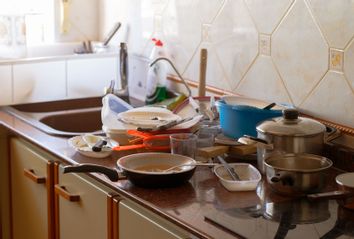 Cluttered kitchen countertop