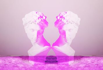 Pink symmetrical image of portrait sculpture