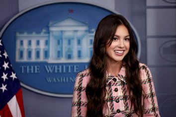 Pop music star and actress Olivia Rodrigo makes a brief statement to reporters in the White House Press Briefing Room on July 14, 2021.