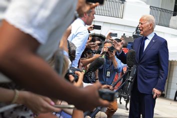 U.S. President Joe Biden stops to take a question on social media misinformation from NBC correspondent Peter Alexander while departing the White House on July 16, 2021.