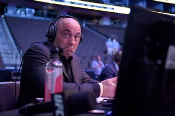 Announcer Joe Rogan reacts during UFC 249 at VyStar Veterans Memorial Arena on May 09, 2020 in Jacksonville, Florida.