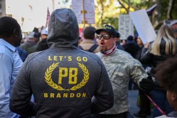 Proud Boys are seen as hundreds gather at the City Hall Park to protest vaccination mandate during 
