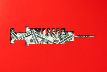 Money heap under paper cutout vaccine icon