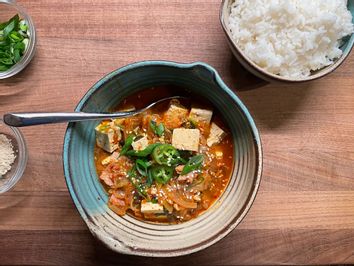 Kimchi Jjigae with garnishes