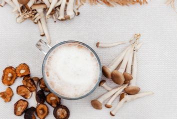 Mushroom latte in glass mug surrounded with various mushrooms