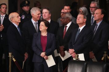 Justices of the U.S. Supreme Court including (L-R) Associate Justices Stephen Breyer, Neil Gorsuch, Elena Kagan, Brett Kavanaugh, Clarence Thomas, Chief Justice John Roberts and Associate Justice Samuel Alito